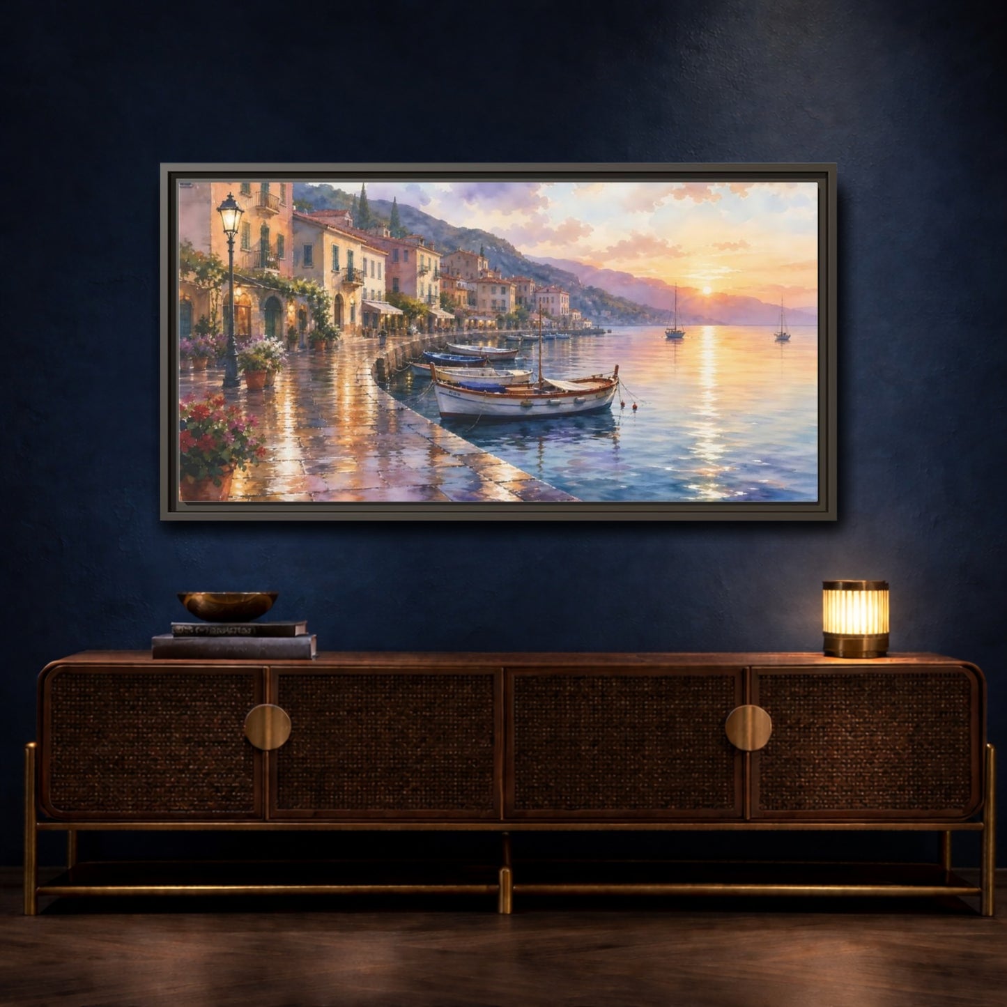 Mockup 4. Sunset Harbor Promenade shown as framed canvas print