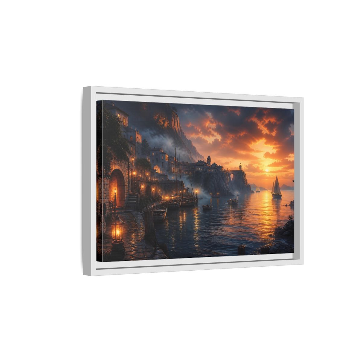 Side Mockup 4. Sunset Harbor Village shown as framed canvas print