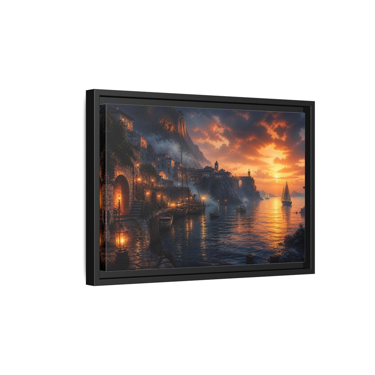 Side Mockup 6. Sunset Harbor Village shown as framed canvas print
