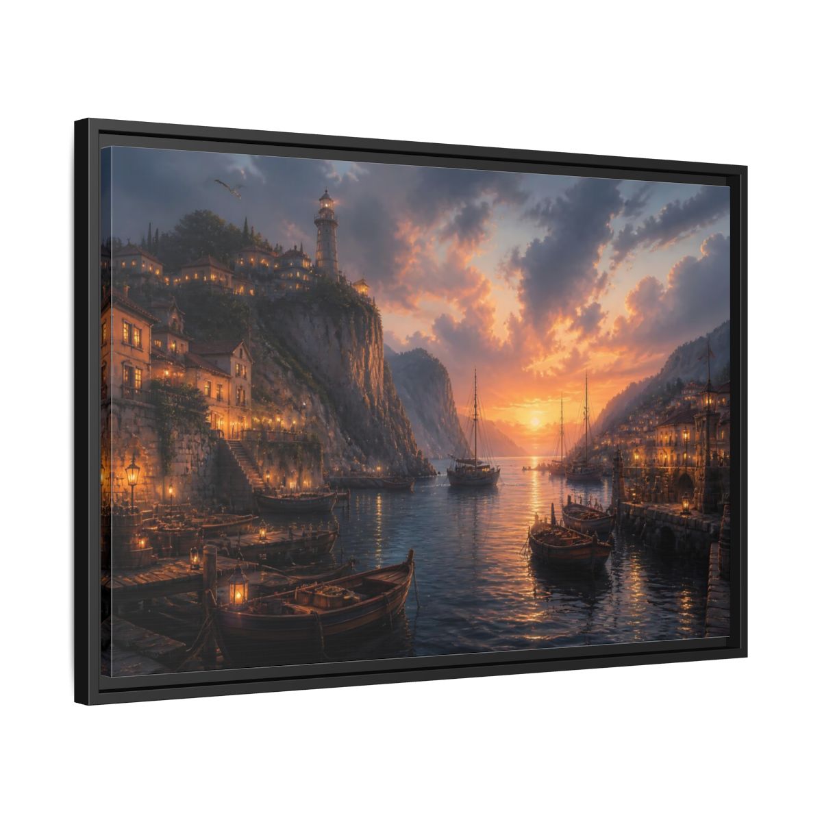 Side Mockup 14. Sunset Harbor Village shown as framed canvas print