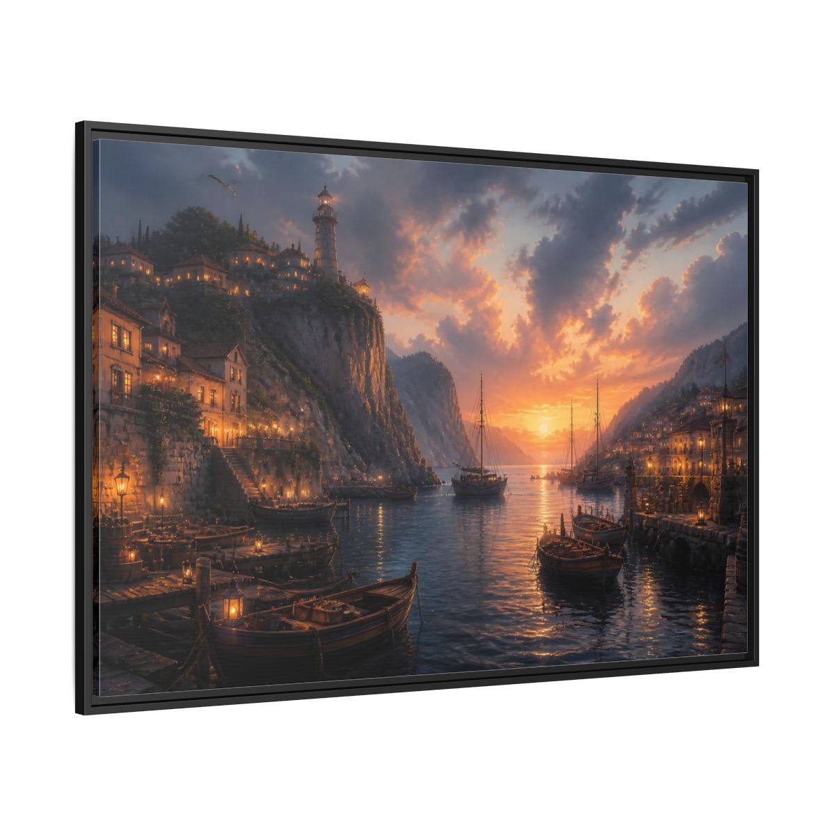 Side Mockup 12. Sunset Harbor Village shown as framed canvas print