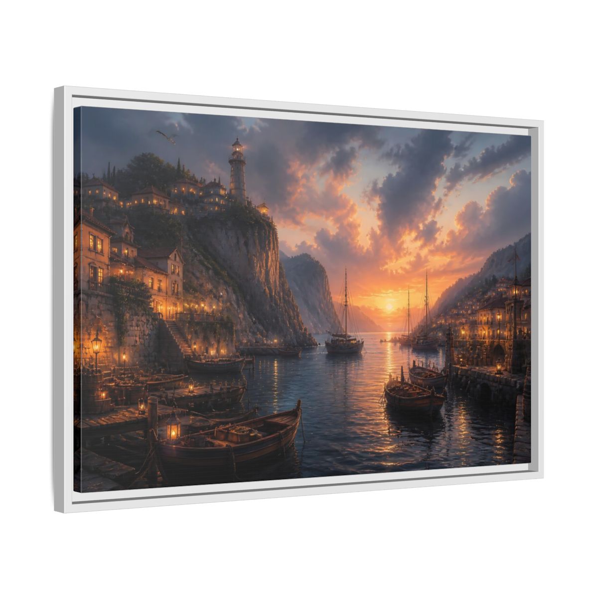 Side Mockup 10. Sunset Harbor Village shown as framed canvas print