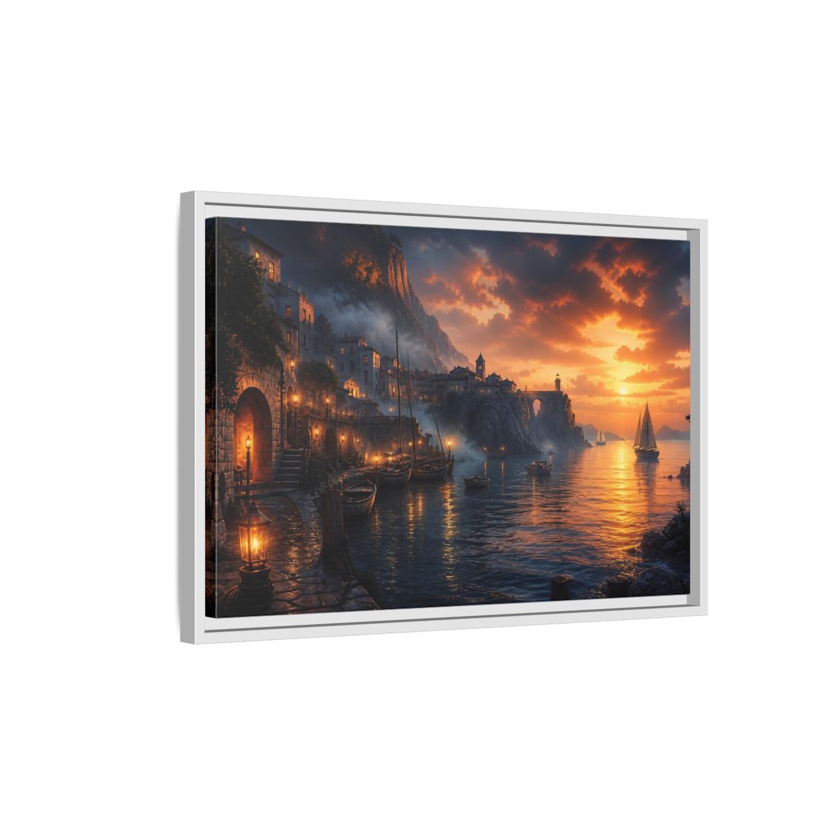 Side Mockup 1. Sunset Harbor Village shown as framed canvas print