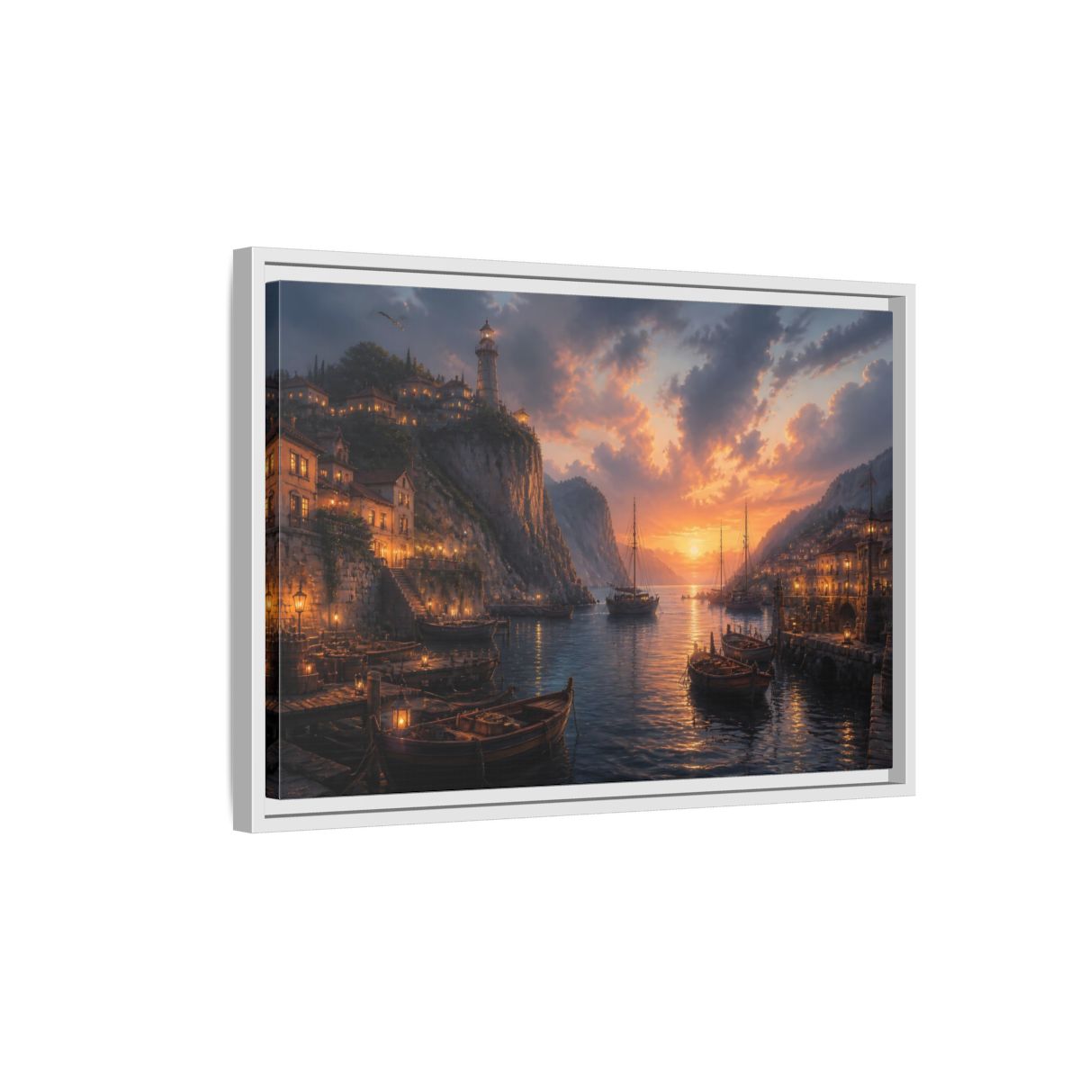 Side Mockup 1. Sunset Harbor Village shown as framed canvas print