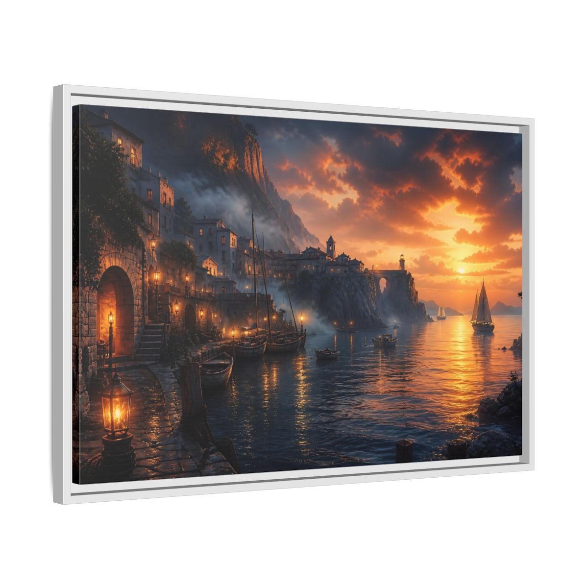 Side Mockup 10. Sunset Harbor Village shown as framed canvas print