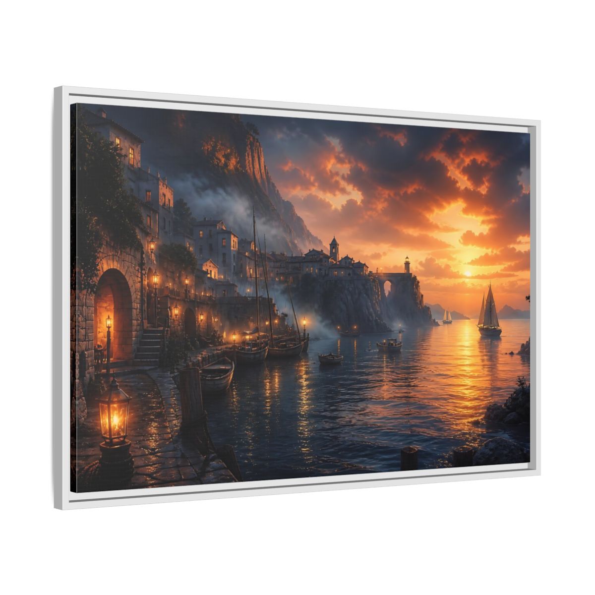 Side Mockup 9. Sunset Harbor Village shown as framed canvas print