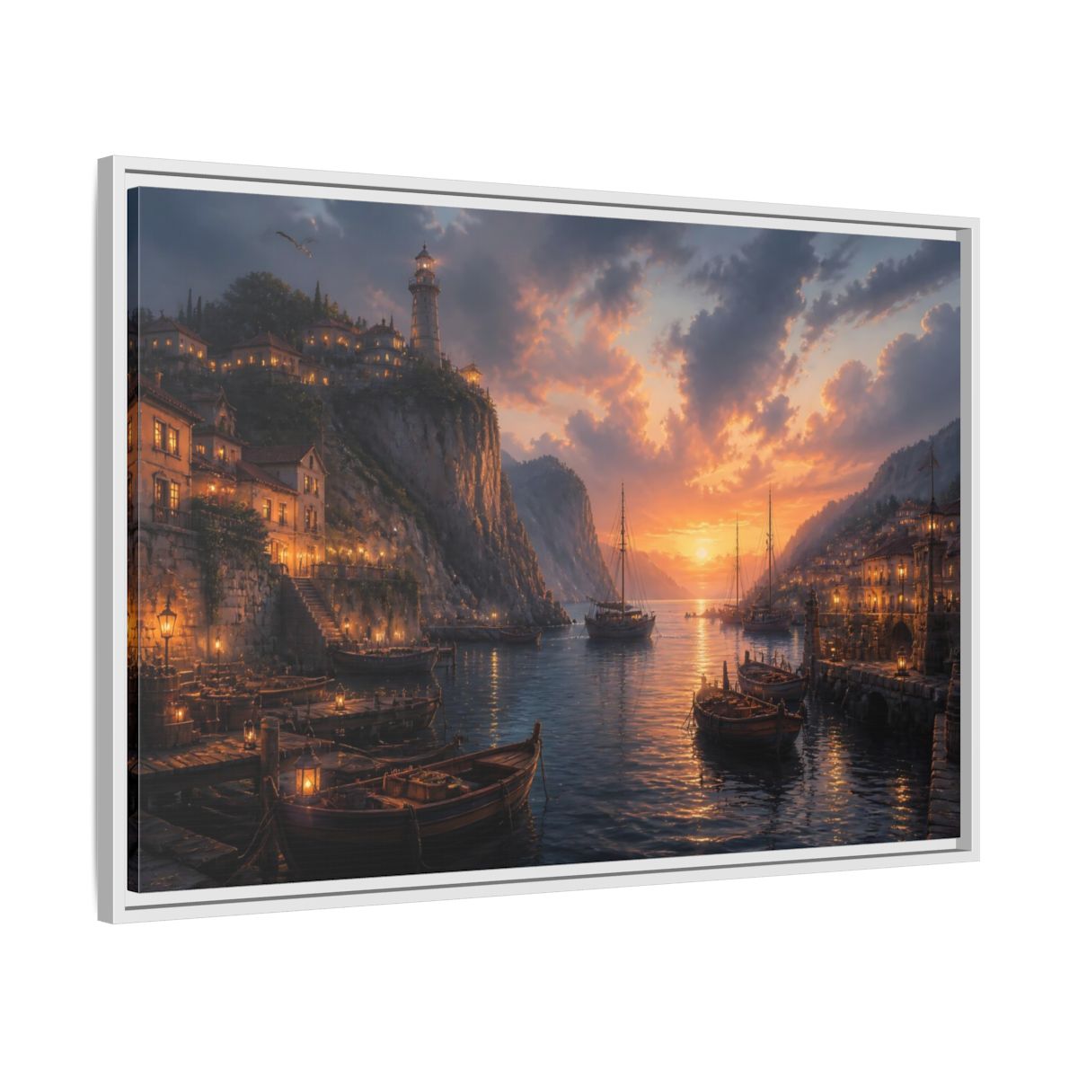 Side Mockup 9. Sunset Harbor Village shown as framed canvas print