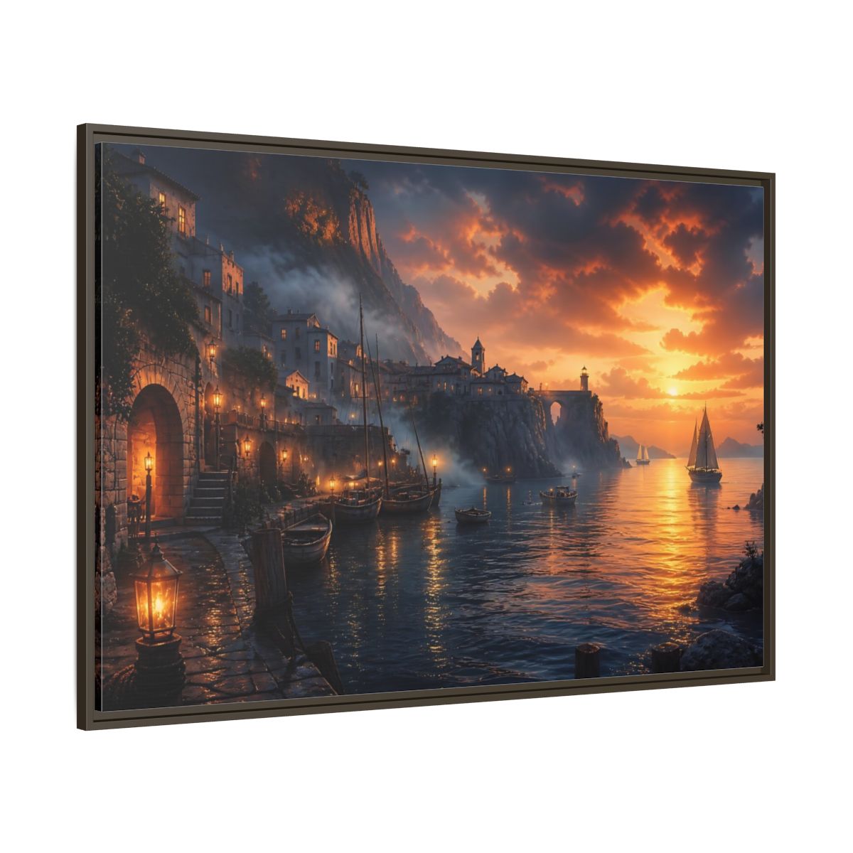 Side Mockup 8. Sunset Harbor Village shown as framed canvas print