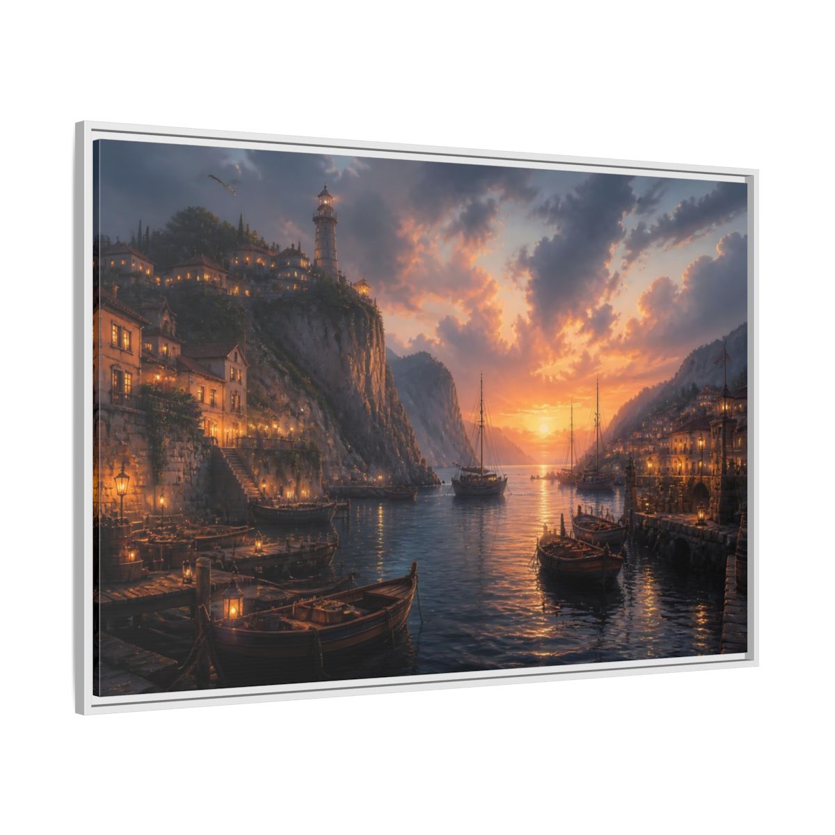 Side Mockup 7. Sunset Harbor Village shown as framed canvas print