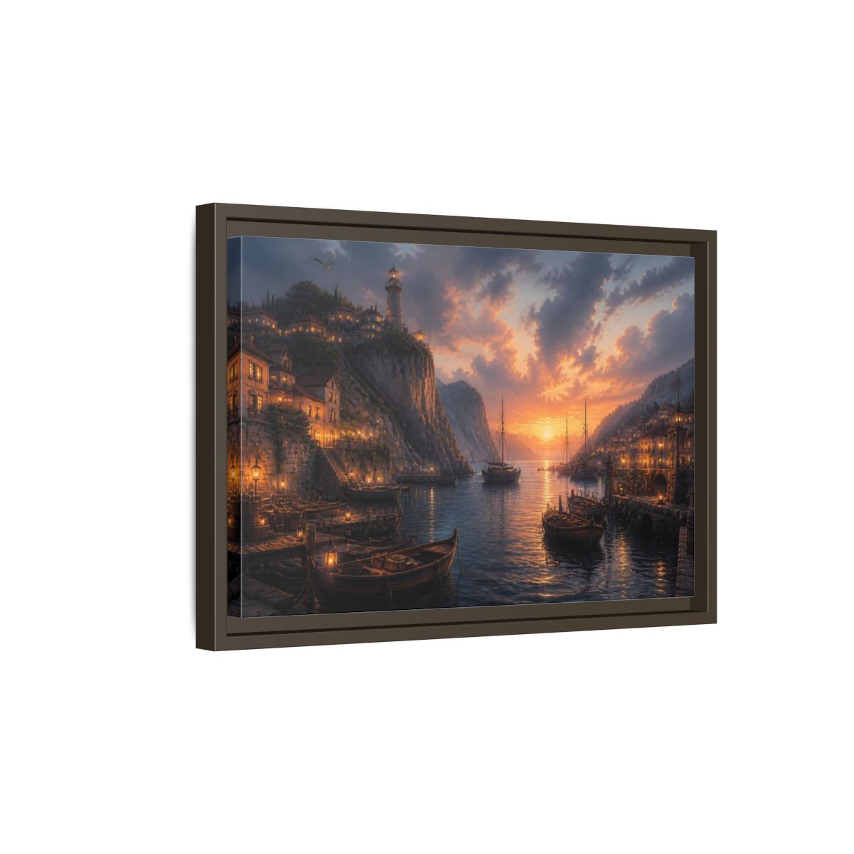 Side Mockup 5. Sunset Harbor Village shown as framed canvas print