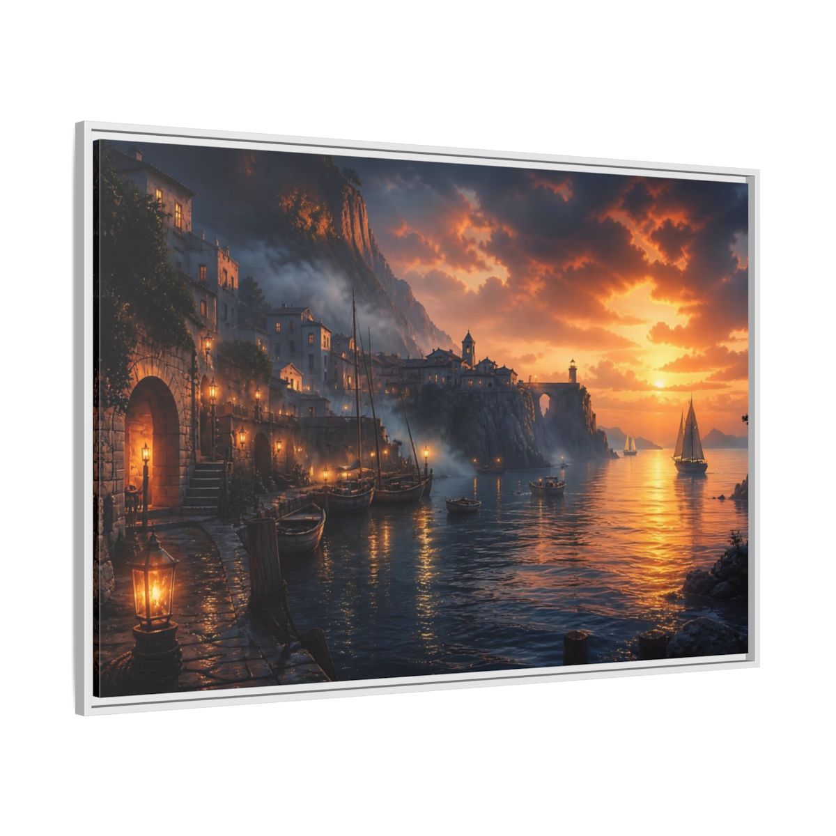 Side Mockup 7. Sunset Harbor Village shown as framed canvas print