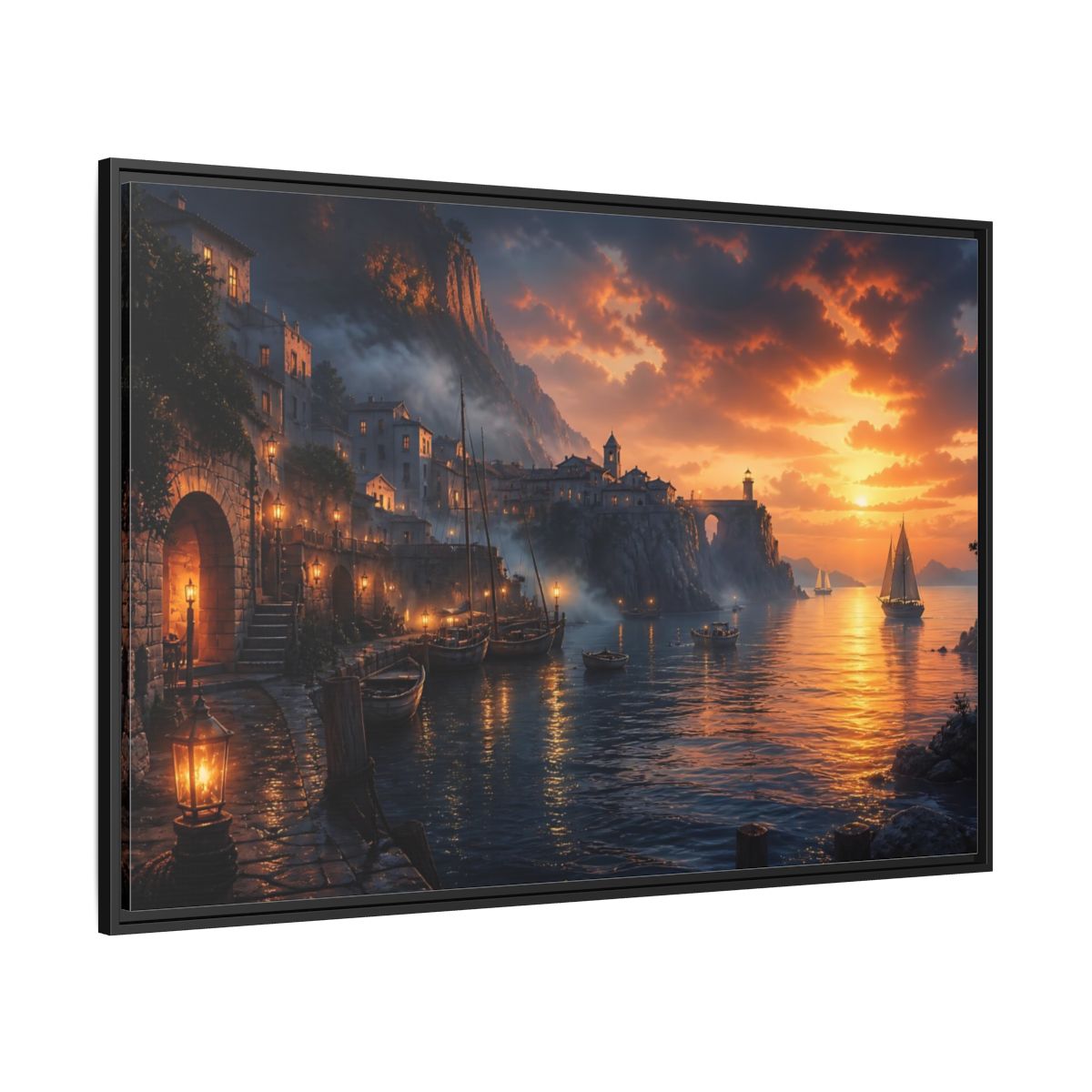 Side Mockup 12. Sunset Harbor Village shown as framed canvas print