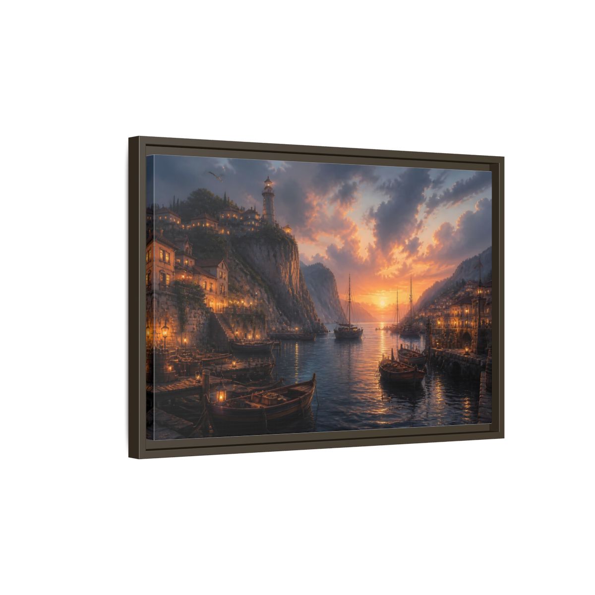 Side Mockup 2. Sunset Harbor Village shown as framed canvas print