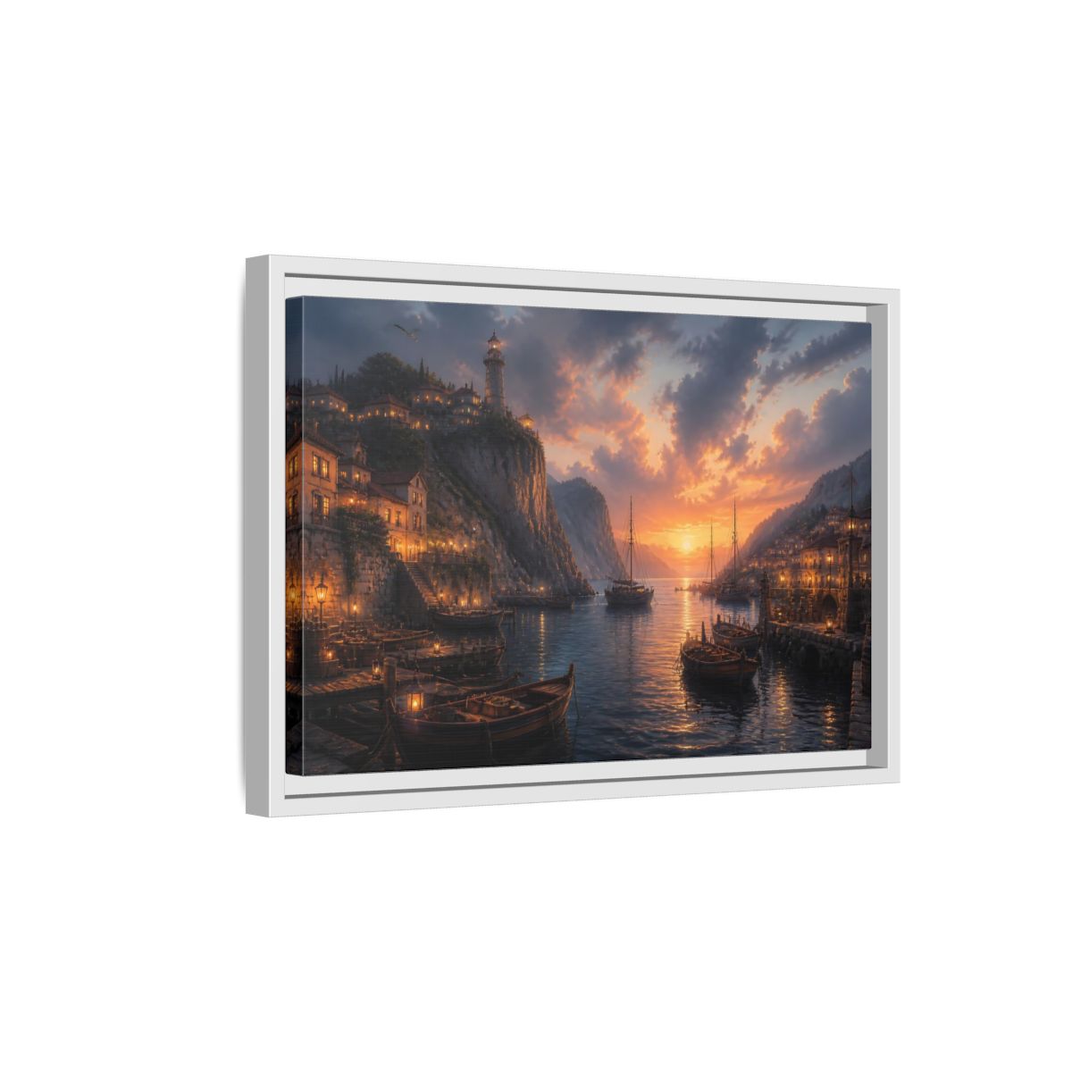 Side Mockup 4. Sunset Harbor Village shown as framed canvas print