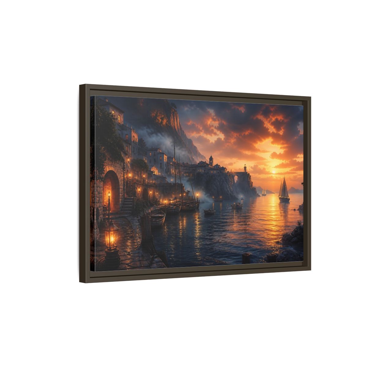 Side Mockup 2. Sunset Harbor Village shown as framed canvas print