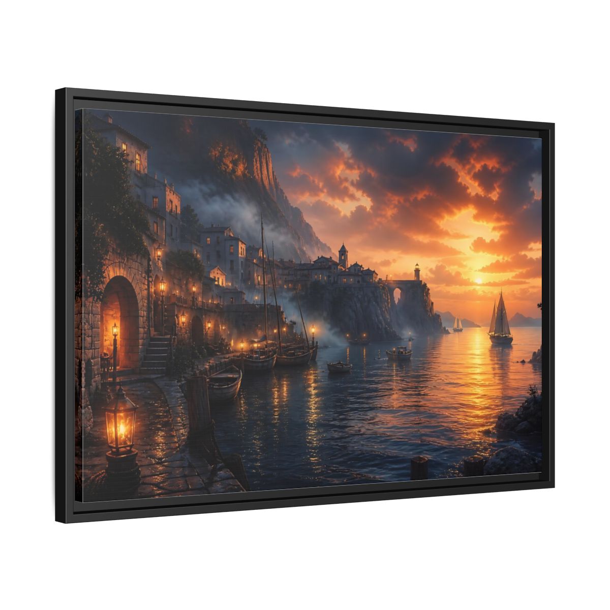 Side Mockup 14. Sunset Harbor Village shown as framed canvas print