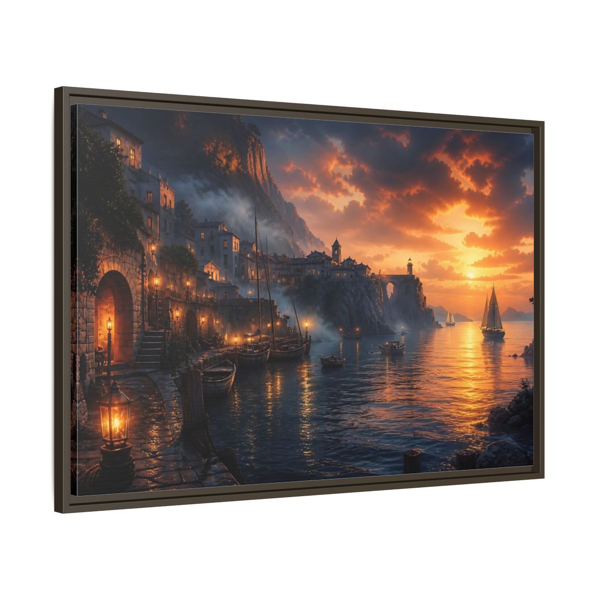 Main Mockup. Sunset Harbor Village shown as framed canvas print