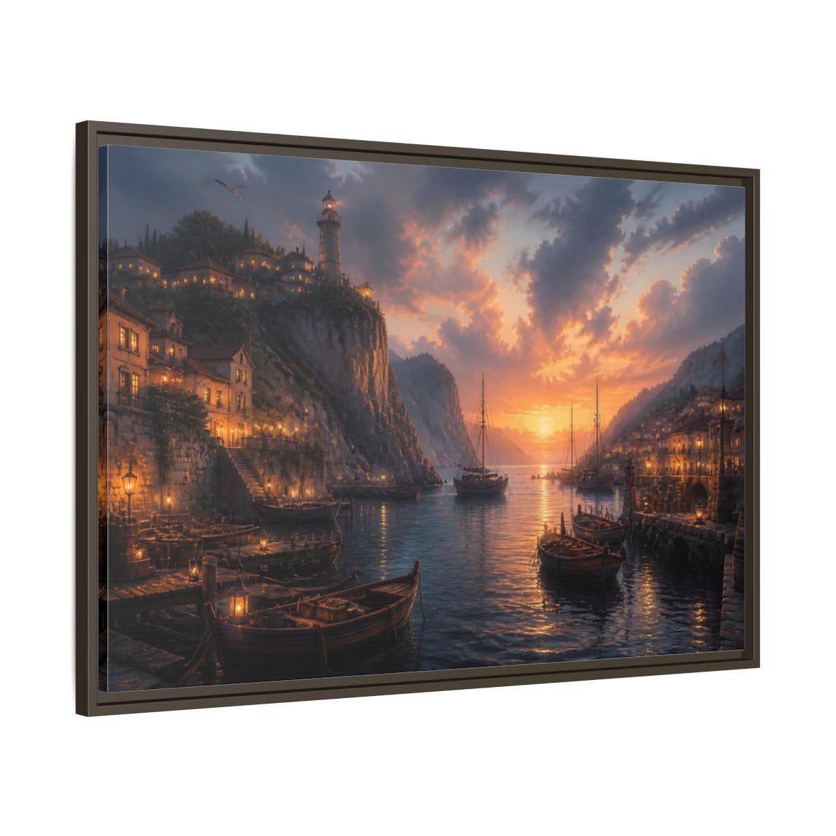 Main Mockup. Sunset Harbor Village shown as framed canvas print