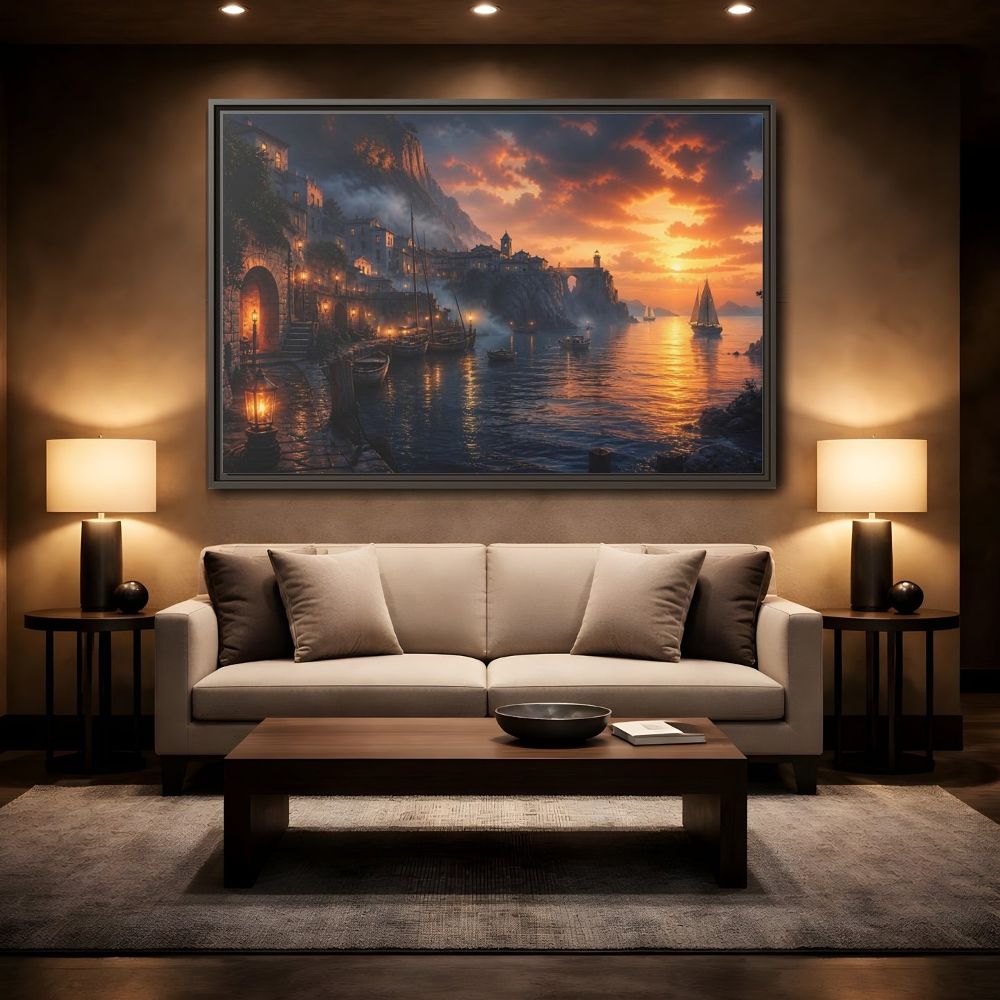 Mockup 2. Sunset Harbor Village shown as framed canvas print