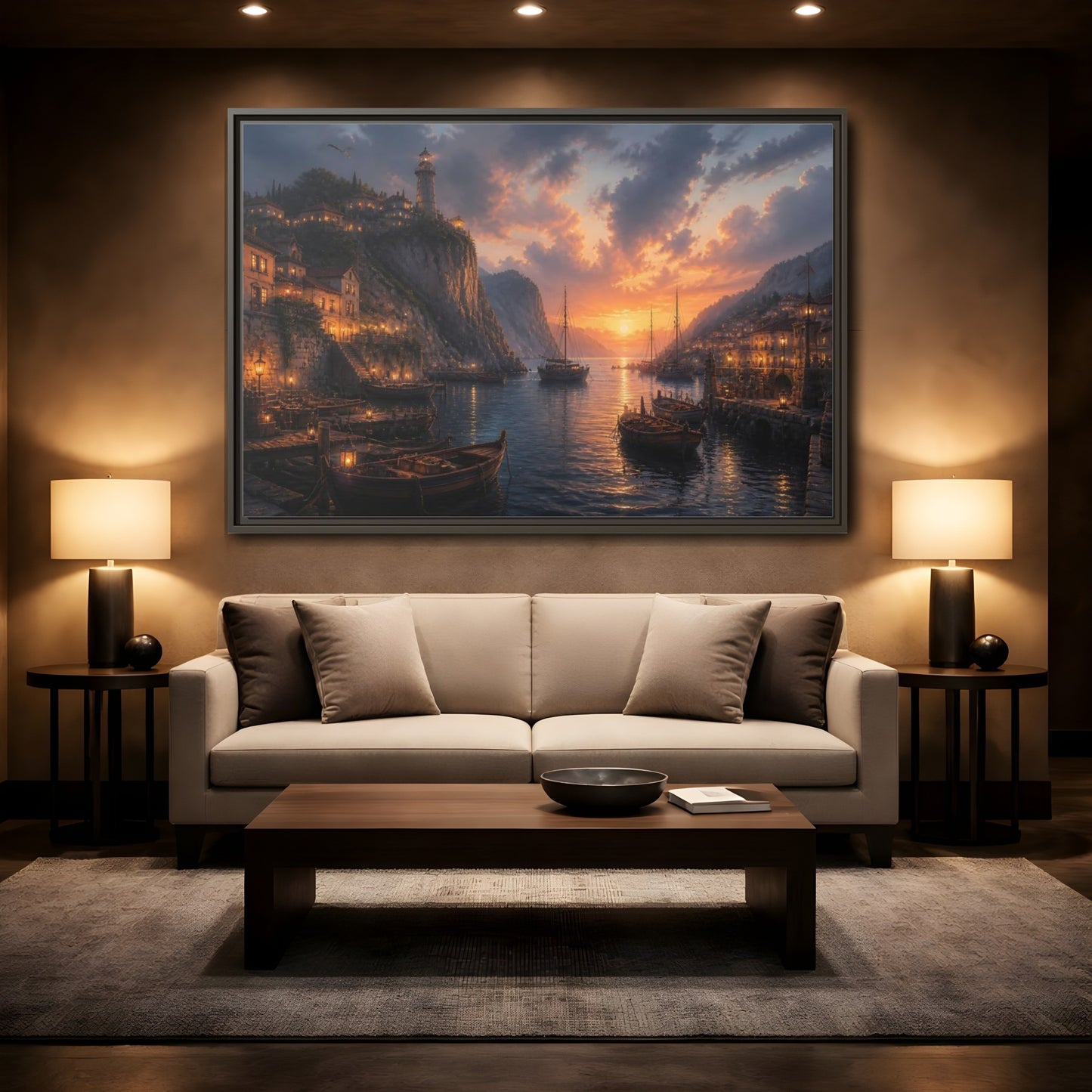 Mockup 2. Sunset Harbor Village shown as framed canvas print