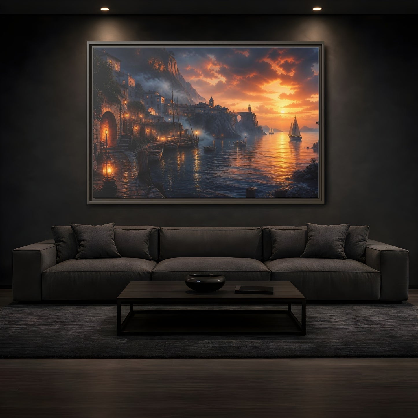 Mockup 3. Sunset Harbor Village shown as framed canvas print
