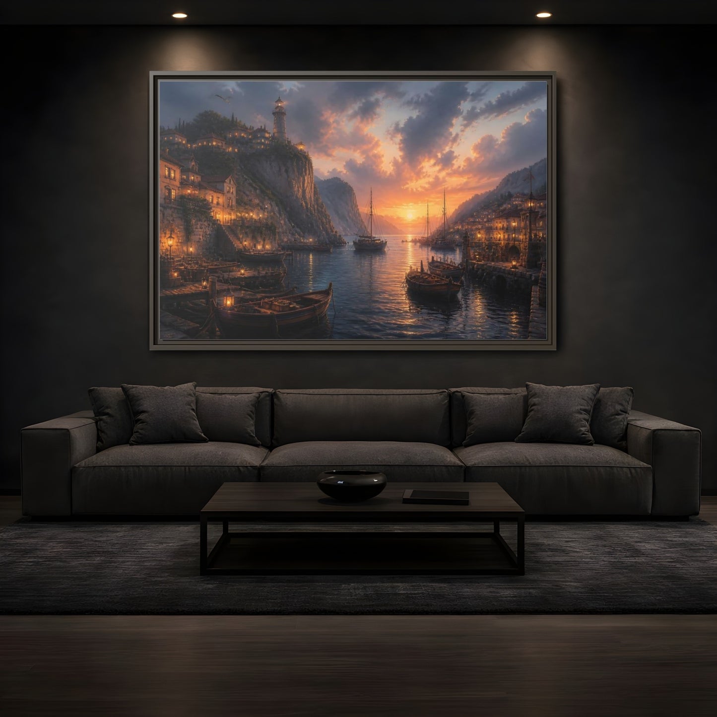 Mockup 3. Sunset Harbor Village shown as framed canvas print