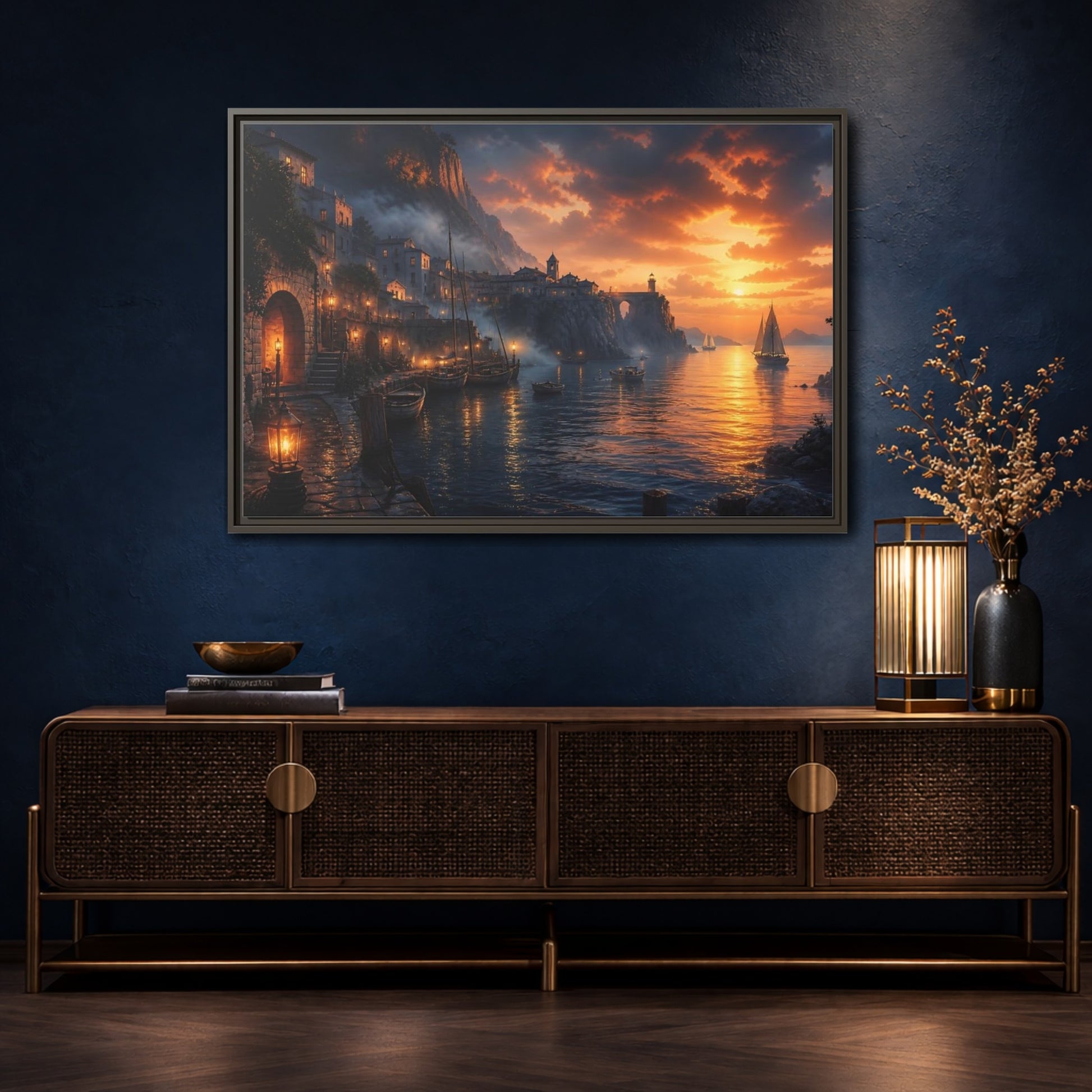 Mockup 4. Sunset Harbor Village shown as framed canvas print