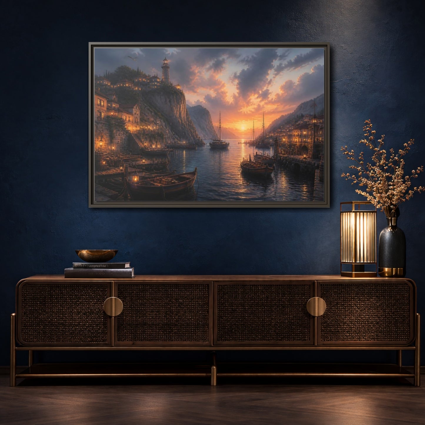 Mockup 4. Sunset Harbor Village shown as framed canvas print