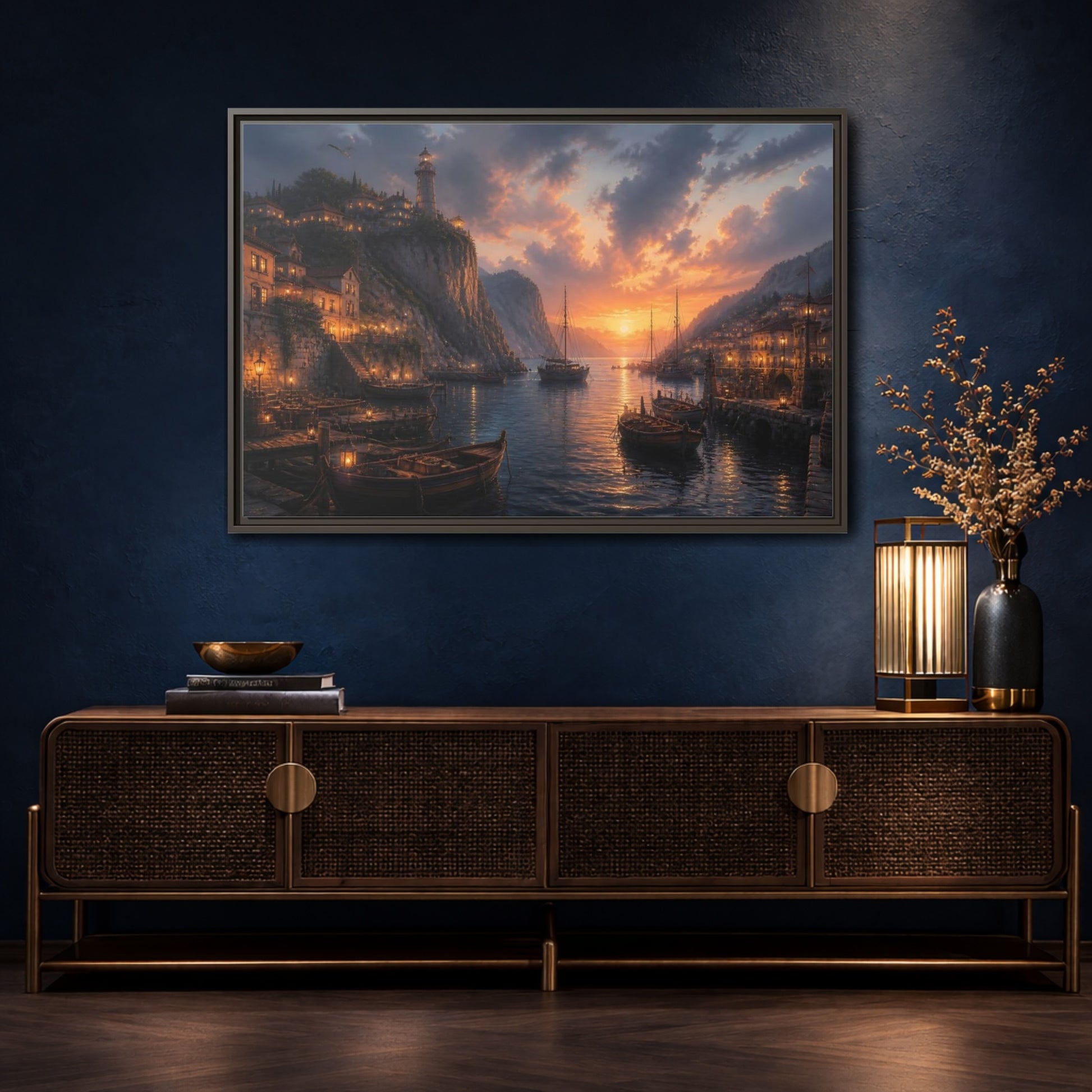 Mockup 4. Sunset Harbor Village shown as framed canvas print