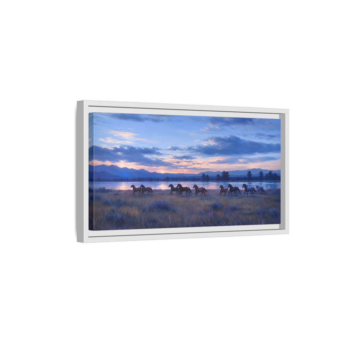 Side Mockup 6. Sunset Herd By The Lake shown as framed canvas print