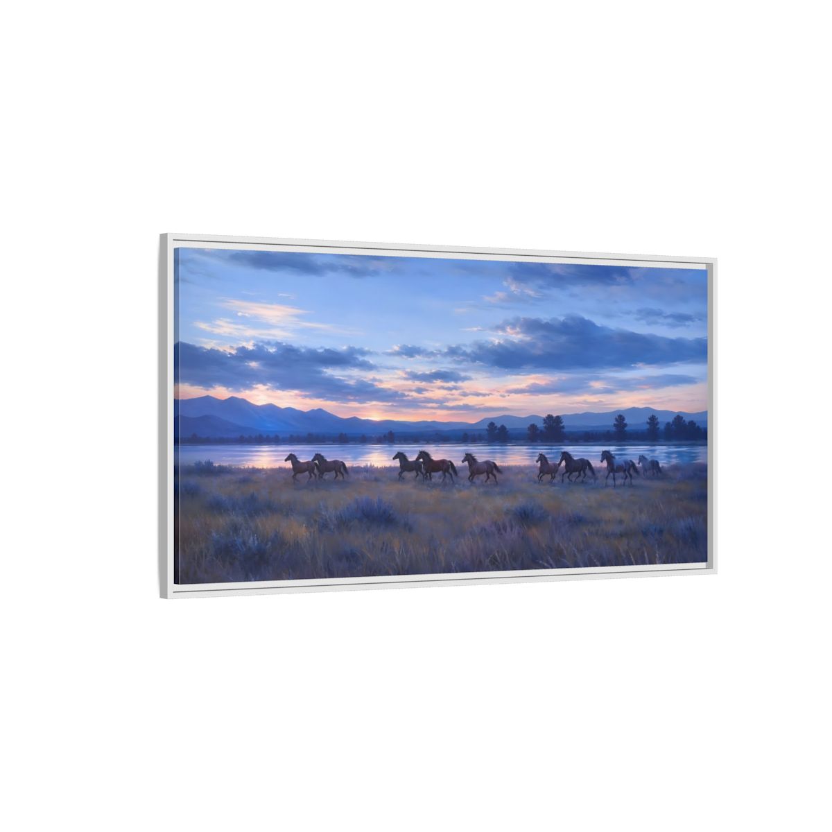 Side Mockup 3. Sunset Herd By The Lake shown as framed canvas print