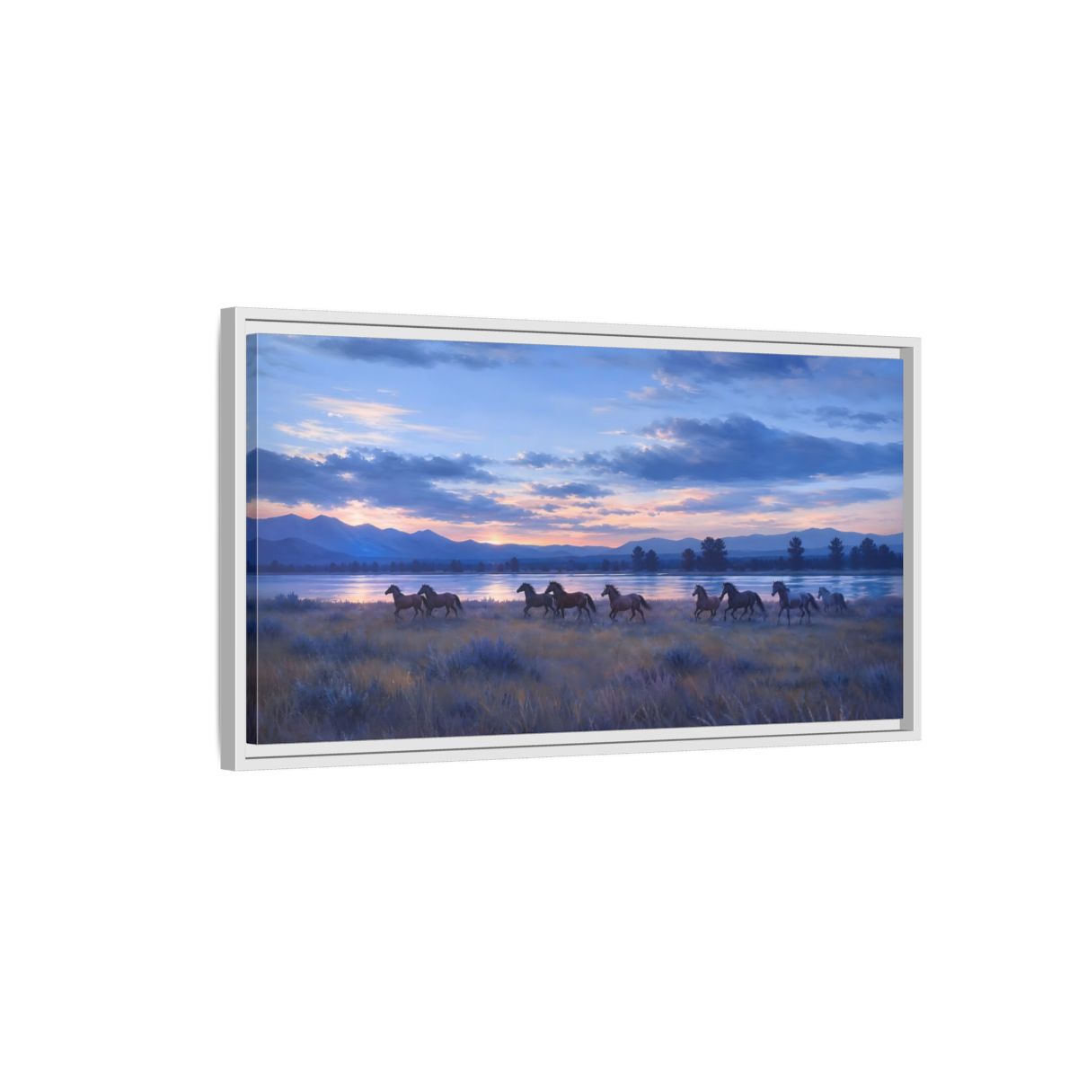 Side Mockup 1. Sunset Herd By The Lake shown as framed canvas print