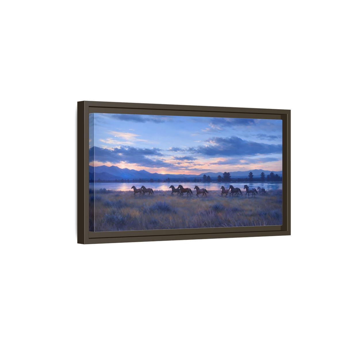 Side Mockup 7. Sunset Herd By The Lake shown as framed canvas print