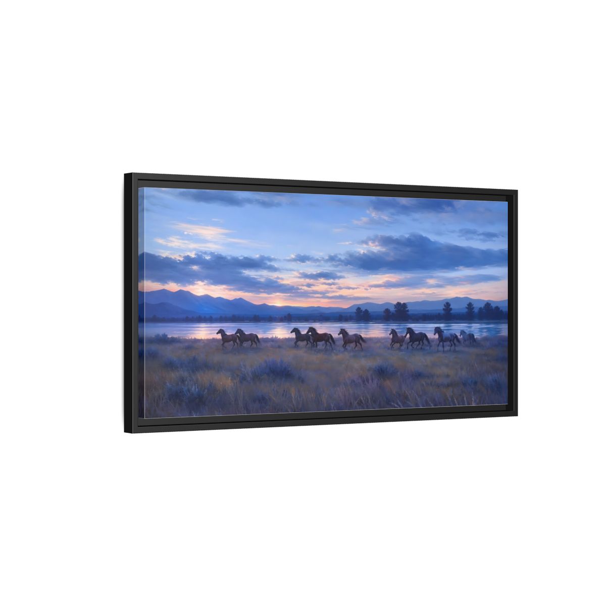 Side Mockup 2. Sunset Herd By The Lake shown as framed canvas print