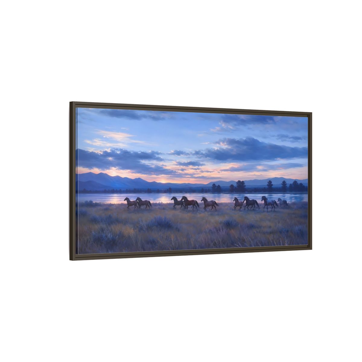 Side Mockup 4. Sunset Herd By The Lake shown as framed canvas print
