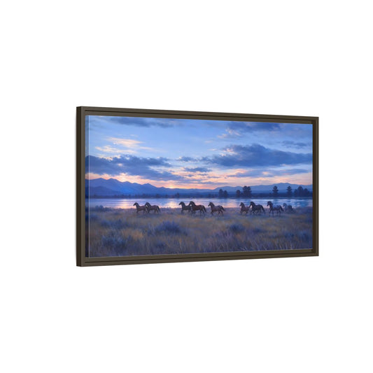 Main Mockup. Sunset Herd By The Lake shown as framed canvas print