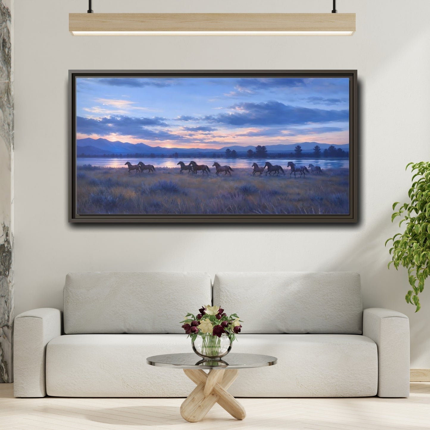 Mockup 2. Sunset Herd By The Lake shown as framed canvas print