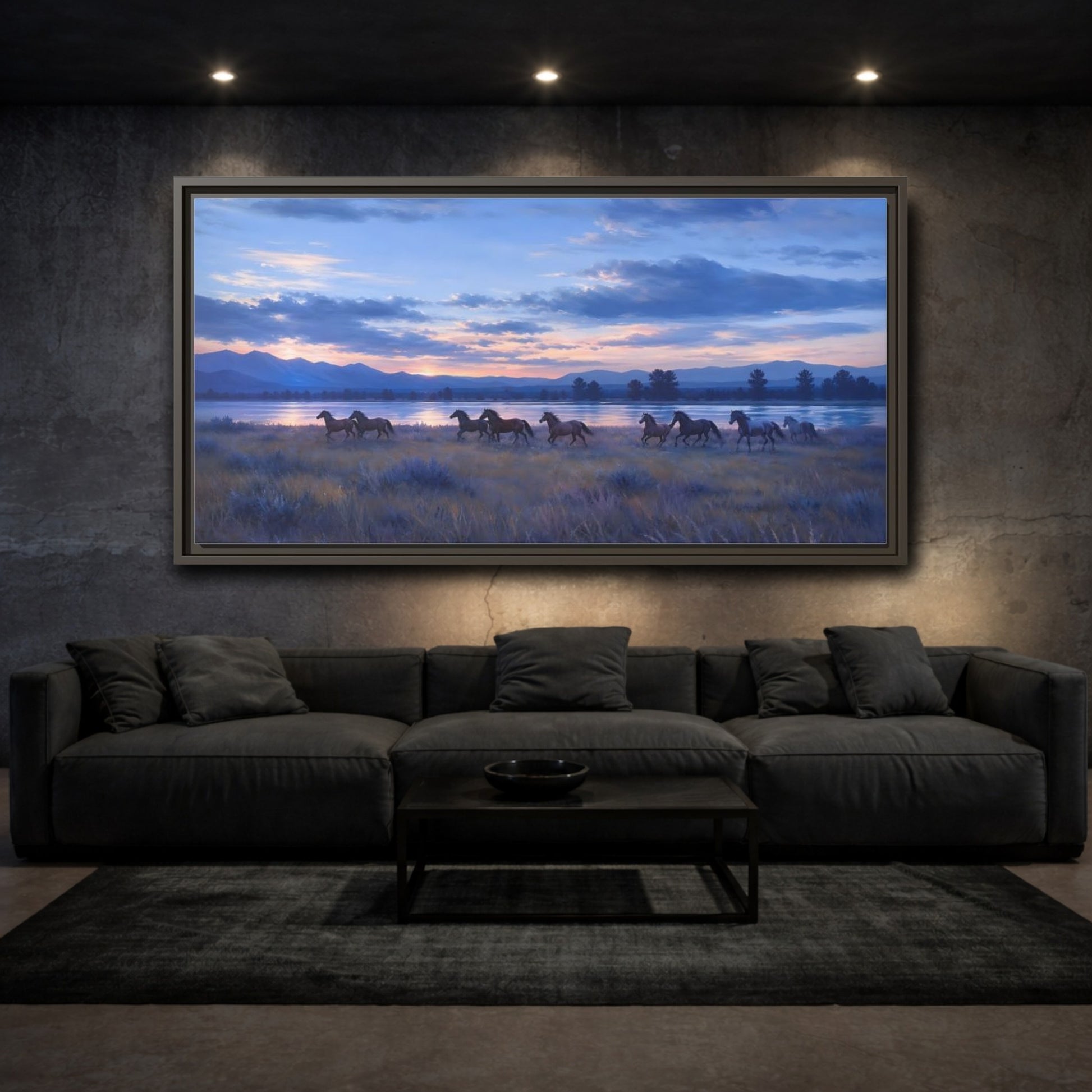 Mockup 3. Sunset Herd By The Lake shown as framed canvas print