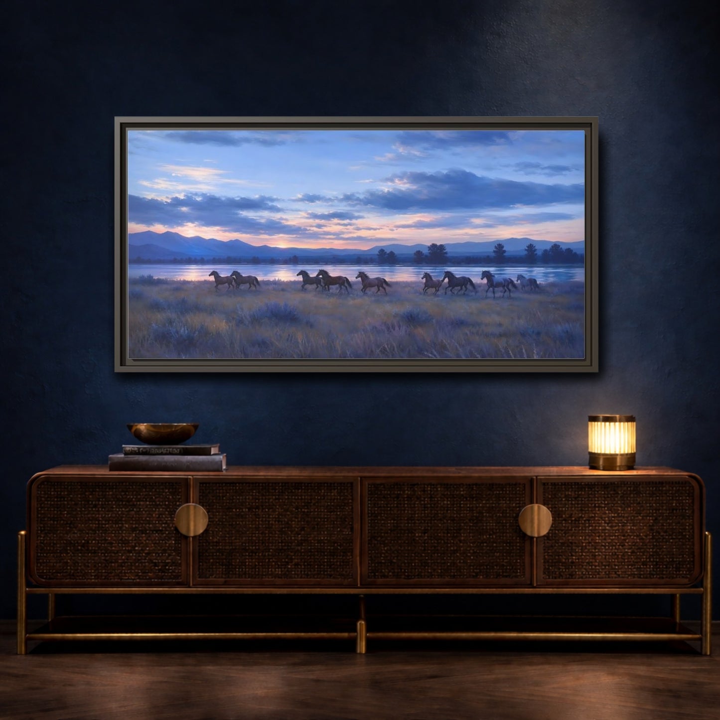 Mockup 4. Sunset Herd By The Lake shown as framed canvas print
