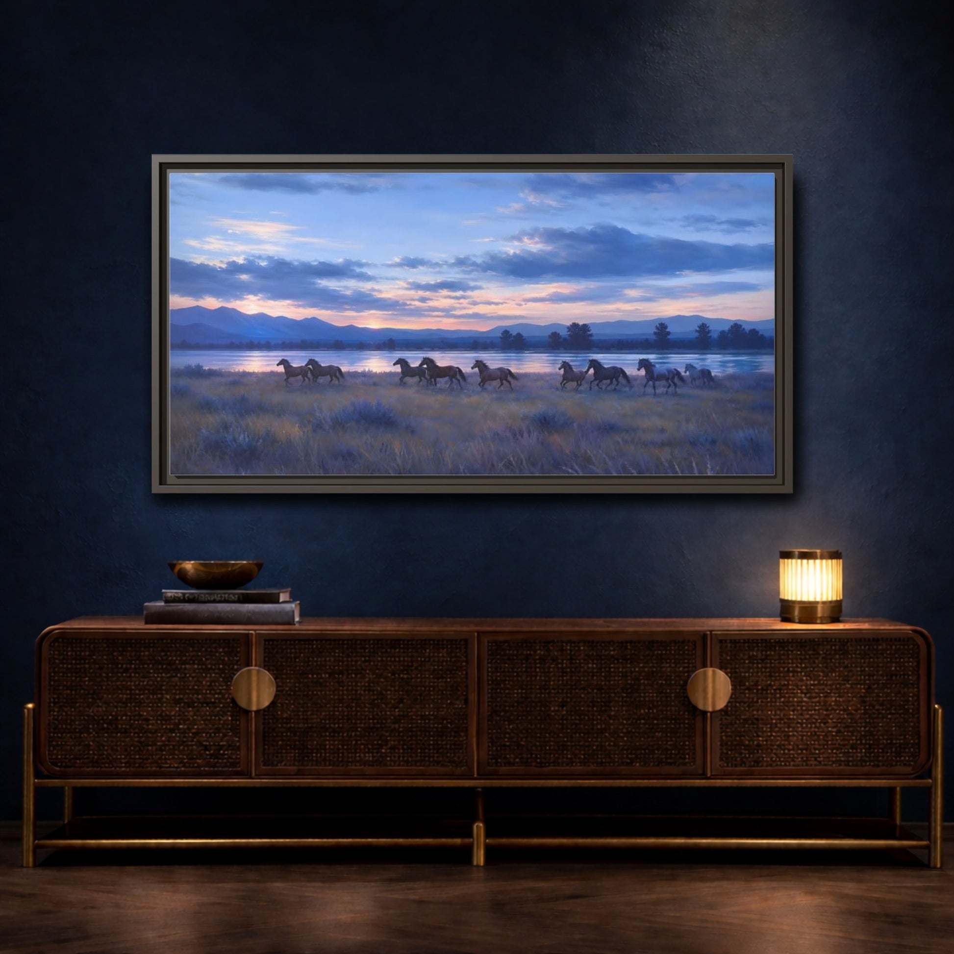 Mockup 4. Sunset Herd By The Lake shown as framed canvas print