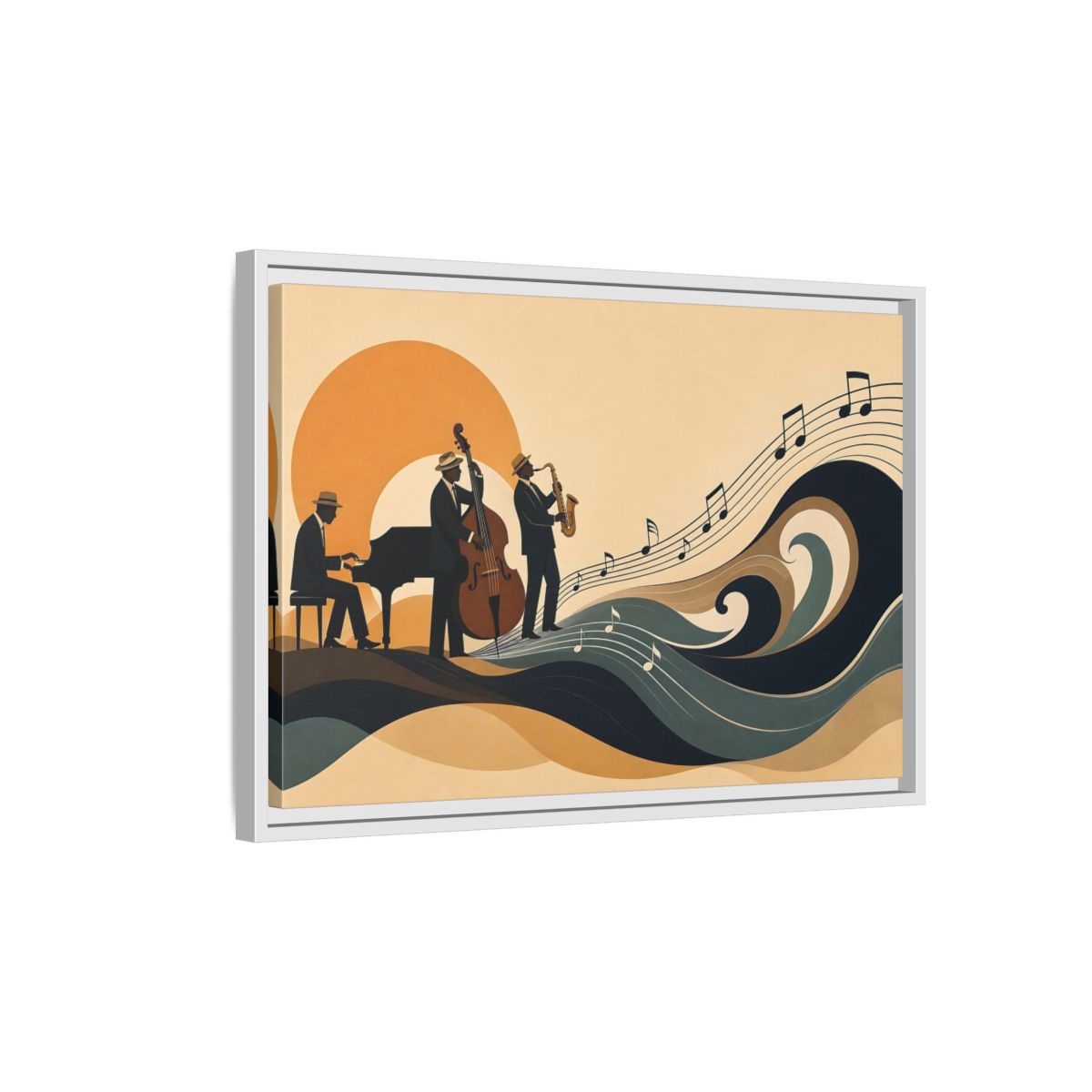 Side Mockup 1. Sunset Jazz Trio shown as framed canvas print