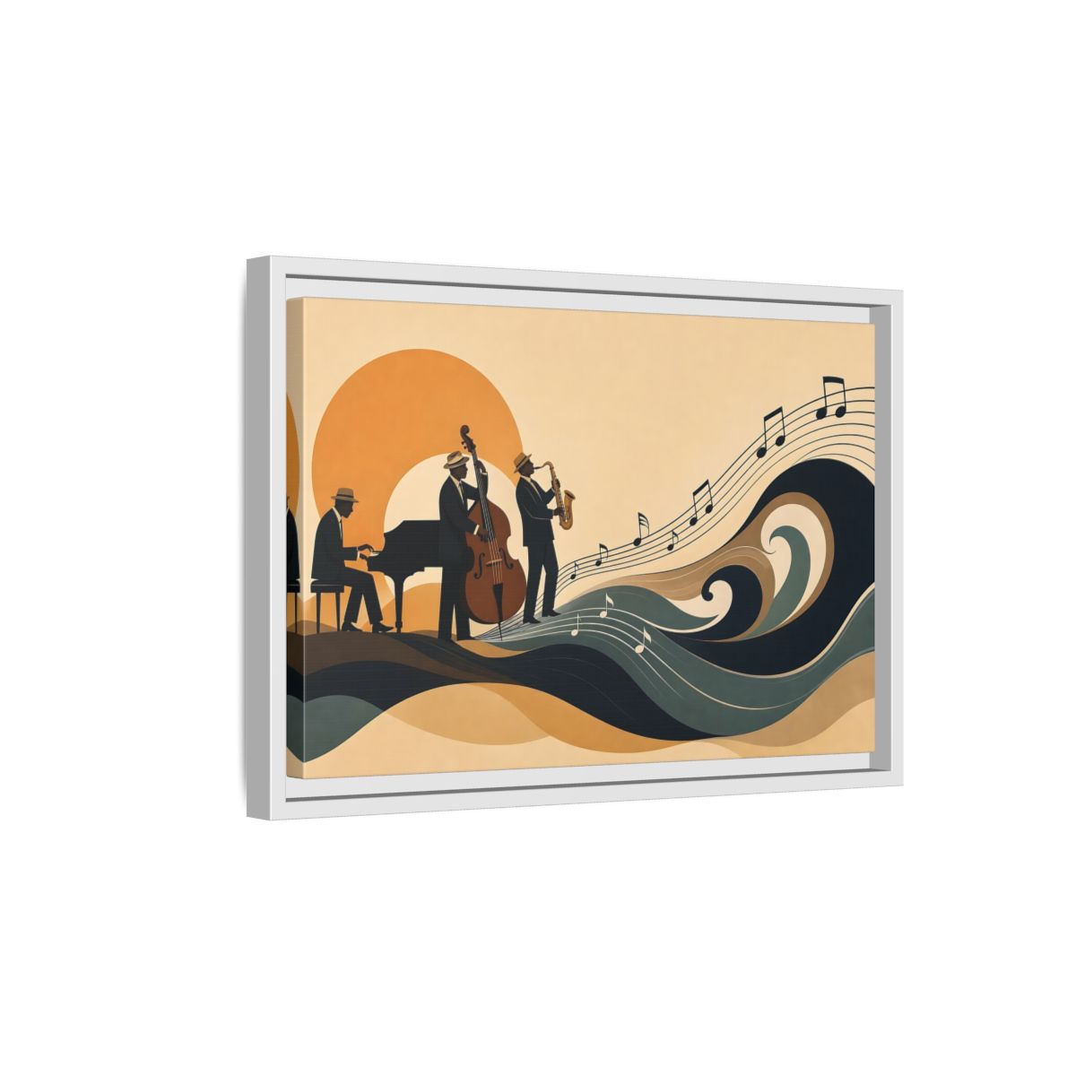 Side Mockup 4. Sunset Jazz Trio shown as framed canvas print
