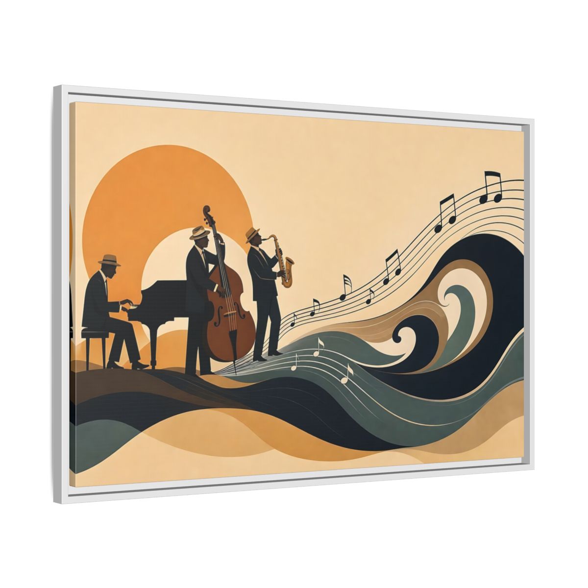 Side Mockup 9. Sunset Jazz Trio shown as framed canvas print