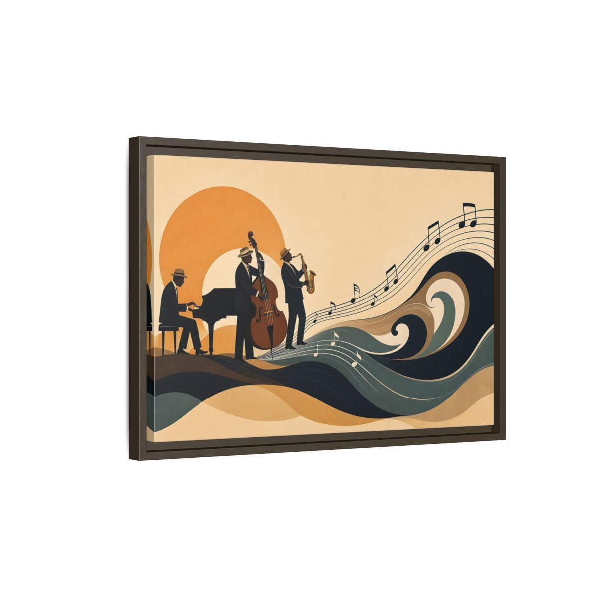 Side Mockup 2. Sunset Jazz Trio shown as framed canvas print