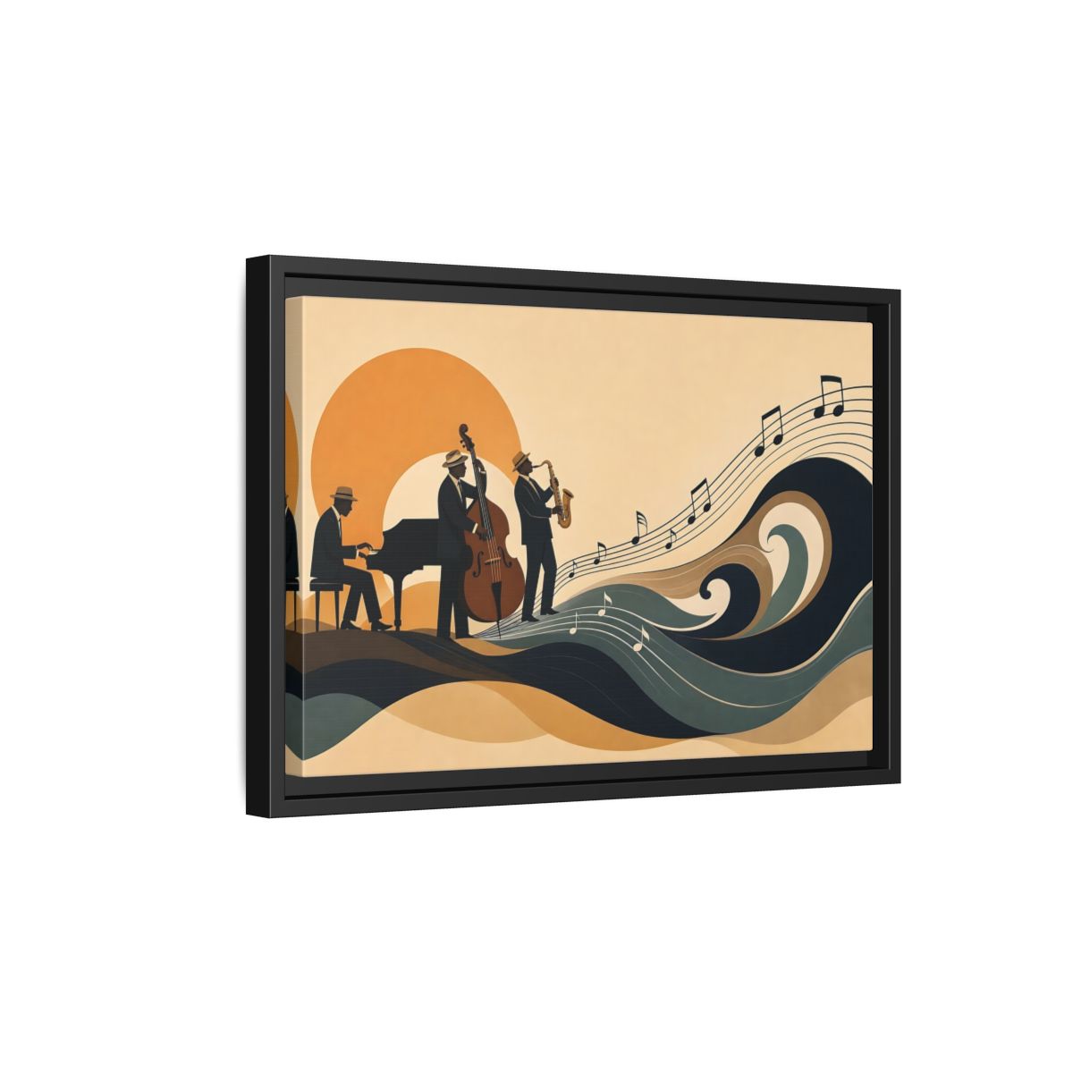 Side Mockup 6. Sunset Jazz Trio shown as framed canvas print