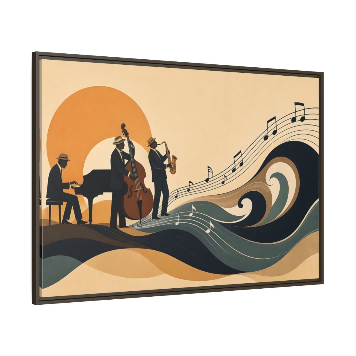 Side Mockup 8. Sunset Jazz Trio shown as framed canvas print