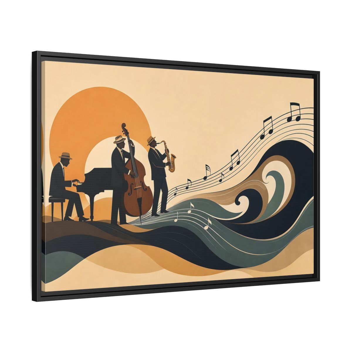 Side Mockup 13. Sunset Jazz Trio shown as framed canvas print