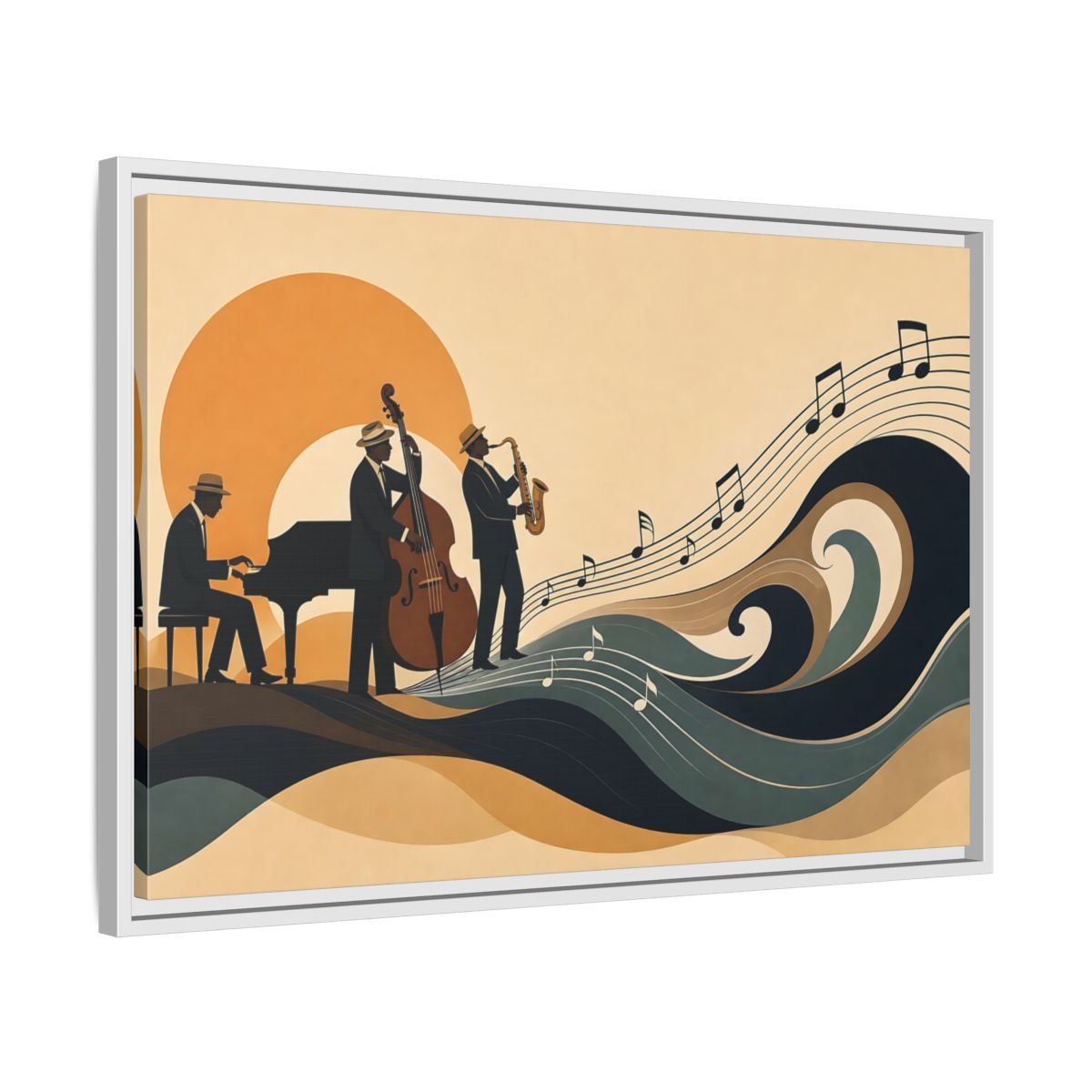 Side Mockup 10. Sunset Jazz Trio shown as framed canvas print
