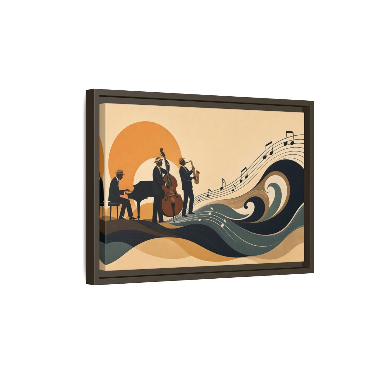 Side Mockup 5. Sunset Jazz Trio shown as framed canvas print