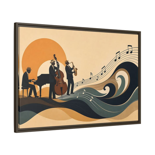 Main Mockup. Sunset Jazz Trio shown as framed canvas print